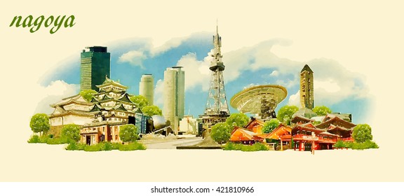 NAGOYA city panoramic vector water color illustration