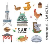 Nagoya city sightseeing simple vector illustration set. Japanese characters translation: "Nagoya".