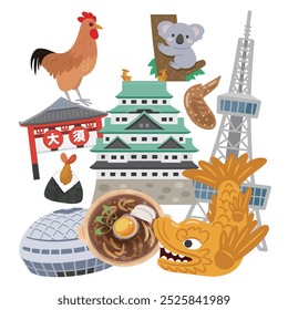 Nagoya cidade sightseeing simples vetor ilustração conjunto. Tradução de caracteres japoneses: "Nagoya".