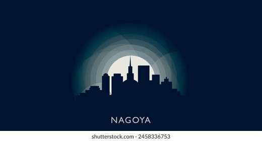 Nagoya cityscape skyline city panorama vector flat modern banner illustration. Japan metropolitan emblem idea with landmarks and building silhouettes at sunrise sunset night