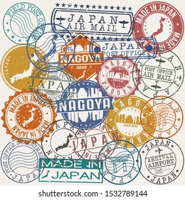 Nagoya Japan Set Of Stamps. Travel Stamp. Made In Product. Design Seals Old Style Insignia.