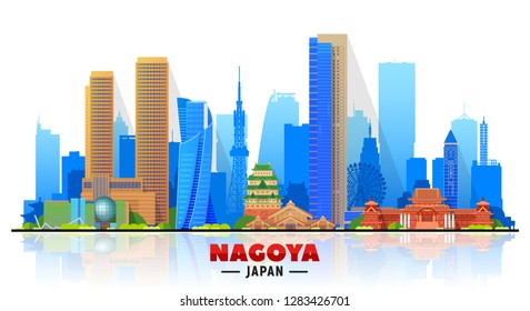 Nagoya ( Japan ) skyline with panorama in white background. Vector Illustration. Business travel and tourism concept with modern buildings. Vector for presentation, banner, web site.