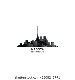 Nagoya panorama, vector badge, skyline logo and icon. Japan city horizon logotype with landmarks and building silhouettes. Isolated foggy abstract gradient graphic