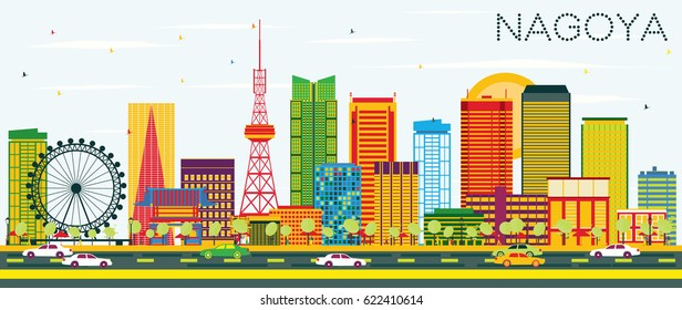 Nagoya Skyline with Color Buildings and Blue Sky. Vector Illustration. Business Travel and Tourism Concept with Modern Architecture. Image for Presentation Banner Placard and Web Site.