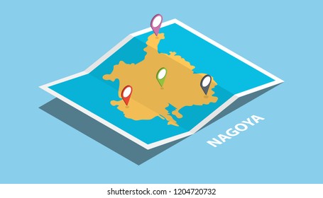 nagoya twin town japan explore maps with isometric style and pin location tag on top vector illustration