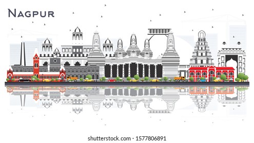 Nagpur India City Skyline with Gray Buildings and Reflections Isolated on White. Vector Illustration. Business Travel and Tourism Concept with Historic Architecture. Nagpur Cityscape with Landmarks.
