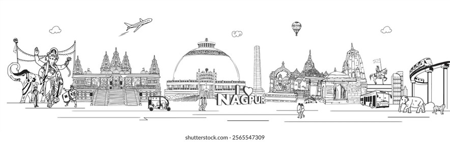 Nagpur Linear City Skyline, India Skyline vector Illustration, India Outline Nagpur Skyline with Blue Buildings. Vector Illustration. Business Travel and Tourism Concept with Historic Architecture.