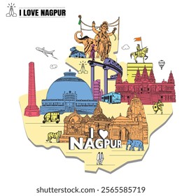 Nagpur Linear City Skyline, India Skyline vector Illustration, India Outline Nagpur Skyline with Blue Buildings. Vector Illustration. Nagpur maps historic architecture. Image for Presentation Banner.