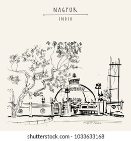 Nagpur, Maharashtra, India. Deekshabhumi - Buddhist temple. Travel sketch. Vintage hand drawn postcard or poster template. Vector illustration