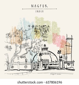 Nagpur, Maharashtra, India. Deekshabhumi - Buddhist temple. Travel sketch. Vintage hand drawn postcard or poster template. Vector illustration