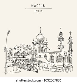 Nagpur, Maharashtra, India. Mosque, market and Muslim library. Travel sketch. Vintage hand drawn postcard or poster. Vector illustration