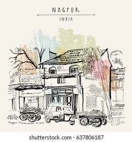 Nagpur, Maharashtra, India. Street in Muslim quarter. Tuk tuk (auto rickshaw), food market, old houses, trees. Travel sketch. Vintage hand drawn postcard or poster template. Vector illustration