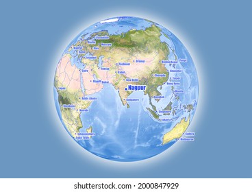Nagpur-India is shown on vector globe map. The map shows Nagpur-India 's location in the world.