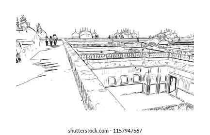 Nahargarh Fort stands on the edge of the Aravalli Hills, overlooking the city of Jaipur in the Indian state of Rajasthan. Hand drawn sketch illustration in vector.