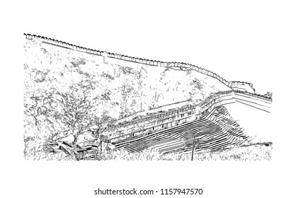 Nahargarh Fort stands on the edge of the Aravalli Hills, overlooking the city of Jaipur in the Indian state of Rajasthan. Hand drawn sketch illustration in vector.