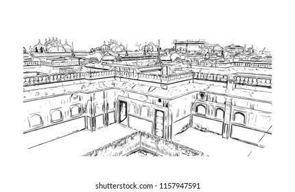 Nahargarh Fort stands on the edge of the Aravalli Hills, overlooking the city of Jaipur in the Indian state of Rajasthan. Hand drawn sketch illustration in vector.