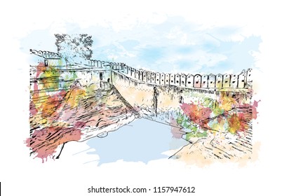 Nahargarh Fort stands on the edge of the Aravalli Hills, overlooking the city of Jaipur in the Indian state of Rajasthan. Watercolor splash with Hand drawn sketch illustration in vector.