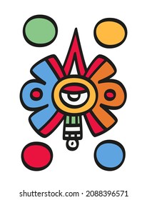 Nahui Ollin, fifth sun symbol in Aztec cosmology, with an eye in the center, a solar ray and a precious stone emanating from the eye. Fifth sun in its four movements, as depicted in Codex Borbonicus.