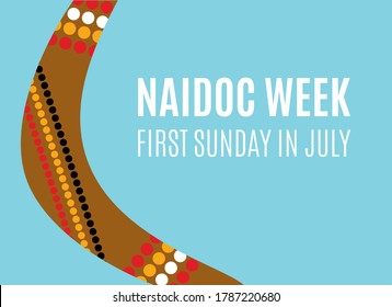 NAIDOC Week vector. Australian holiday. Boomerang detail on a blue background. Celebration of Indigenous Peoples. NAIDOC Week Poster, first Sunday in July. Important day