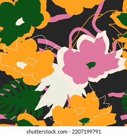 Naif modern abstract floral  seamless pattern. Surreal tropical plants and flowers silhouette Vector