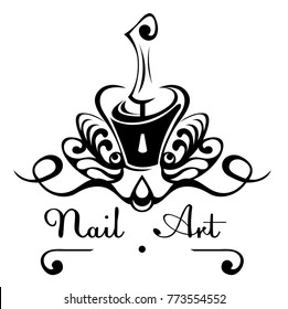 Nail art abstract vector logo bottle of nail polish with a brush, nail decoration with decorative patterns.