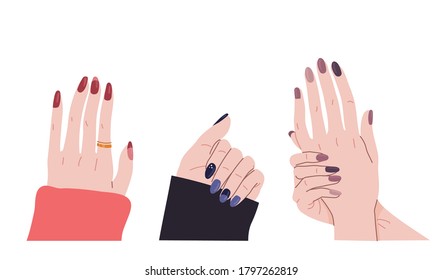 nail art. Color illustration of female hands with nail polish.