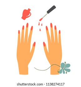 Nail art concept illustration. Beautiful woman hands with red polish.  Nail lacquer bootle and brush. Hand drawn vector in cartoon style. Isolated on white.
