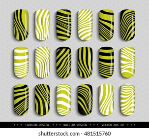 Nail art design. A set overhead nail, labels, stickers, elements for design. Ideas for manicure, pedicure, beauty salons, modeling agencies. Fashion trends. Collection in color. Vector illustration 