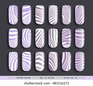 Nail art design. A set overhead nail, labels, stickers, elements for design. Ideas for manicure, pedicure, beauty salons, modeling agencies. Fashion trends. Collection in color. Vector illustration 