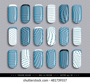 Nail art design. A set overhead nail, labels, stickers, elements for design. Ideas for manicure, pedicure, beauty salons, modeling agencies. Fashion trends. Collection in color. Vector illustration 