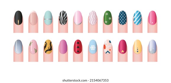 Nail art or fingernail stickers with different designs, shiny 3d vector illustration isolated on white background. Set of manicure types, fake nails with various polishes.