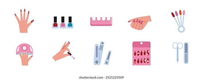 Conjunto de ilustração plana Nail Art. Incluir de moda, beleza, manicura, dedo, arte, bonito, feminino, cuidado, mão, estilo, spa e unha. Ilustração vetorial isolada.