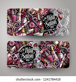 Nail art hand drawn doodle banners set. Cartoon detailed flyers. Manicure identity with objects and symbols. Color vector design elements illustration