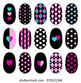 Nail art heart design templates. Manicure design set. Can be used for false nail tips and stickers. Isolated on white. EPS 10.