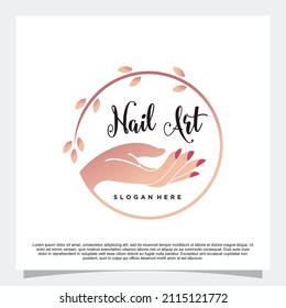 Nail Art Logo Design With Leaf And Modern Style Concept Premium Vector