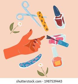 Nail art or manicure items set for nail studio and hands care products, flat vector illustration isolated on background. Elegant female hands in a trendy minimalist style and nail  polish bottles.