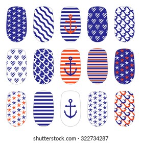 Nail art marine style templates. Manicure design set. Can be used for false tips and stickers. Isolated on white.