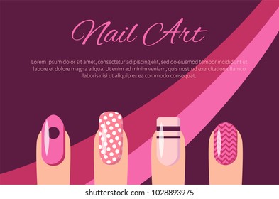 Nail art multicolored poster vector illustration with pink text sample and background, set of manicure examples, pait of beautiful decorative lines