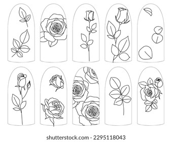 Nail art pattern template set. Set of one line drawing elements. Decorative rose and leaf sticker. Floral decal. Vector stock illustration.