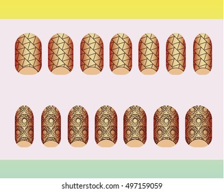 Nail art, patterns with bright colors. Design manicure set. Can be used for false nails for everyday, holiday, wedding, graduation, a special occasion. EPS 10