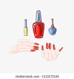 Nail art and nail polish set, beautiful female hands with red nails drawing vector