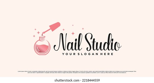 Nail art studio logo design for manicure with bottle icon and creative concept Premium Vector