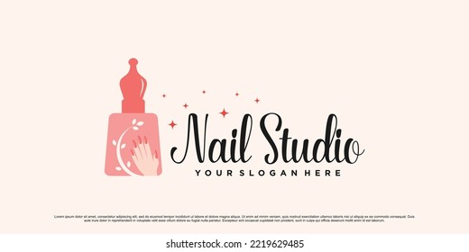 Nail art studio logo design for manicure with bottle icon and creative concept Premium Vector