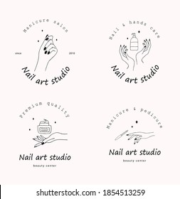 Conjunto de logotipos del estudio de arte de las uñas. Diseño moderno para el centro de belleza, salón de spa, manicura y bar de pedicura. Ilustración vectorial lineal.