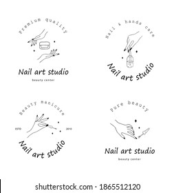 Nail art studio logo set. Modern design for beauty center, spa salon, manicure and pedicure bar. Linear vector illustration.
