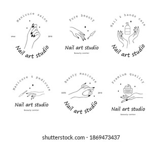 Nail art studio logo set. Modern design for beauty center, spa salon, manicure and pedicure bar. Linear vector illustration.