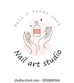 Nail art studio logo template. Modern design for beauty center, spa salon, manicure and pedicure bar. Linear vector illustration with pink watercolor splash.