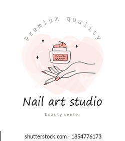 Nail art studio logo template. Modern design for beauty center, spa salon, manicure and pedicure bar. Linear vector illustration with pink watercolor splash.