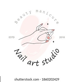Nail art studio logo template. Modern design for beauty center, spa salon, manicure and pedicure bar. Linear vector illustration with pink watercolor splash.