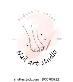Plantilla de logotipo de Nail art studio. Icono de pedicura. Diseño moderno para centro de belleza, salón de spa, bar de manicura. Ilustración vectorial lineal con salpicadura de color rosa.